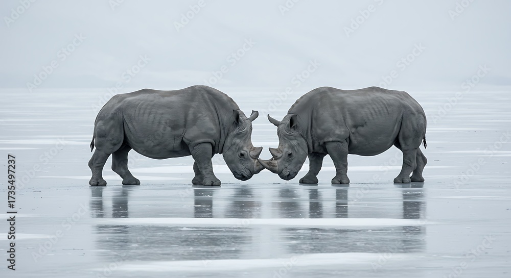 Obraz premium Two rhinoceroses face to face in a bleak environment