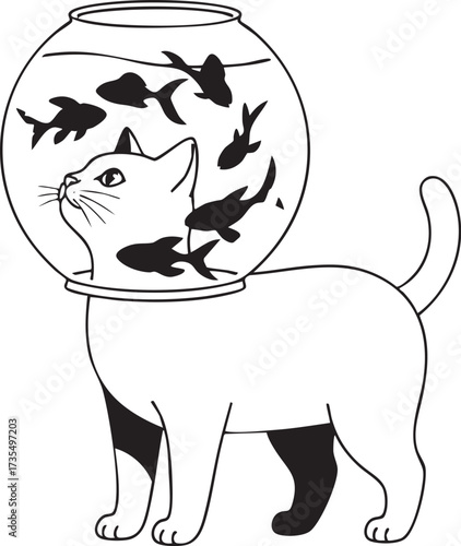 A whimsical cat wears a fishbowl helmet, filled with swimming fish, creating a surreal and imaginative scene that blends feline curiosity with aquatic wonder
