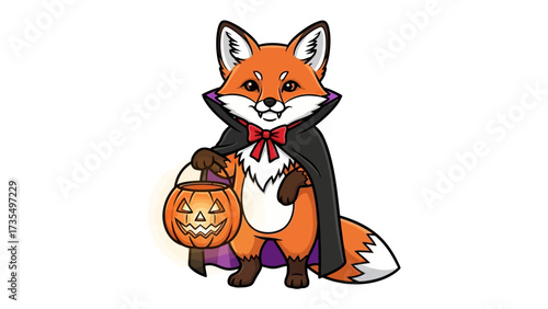 Foxy Halloween Cuteness: An adorable fox in a Halloween costume, holding a jack-o'-lantern, exudes charm and invites a festive spirit, perfect for seasonal celebrations. 