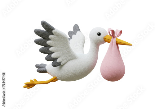 Isolated stork with pink bundle in beak delivering newborn baby for birth announcement
