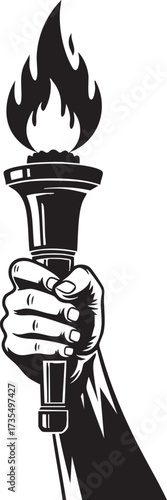A raised fist clutches a flaming torch, symbolizing freedom, enlightenment, and the relentless pursuit of truth and justice in a powerful monochrome design