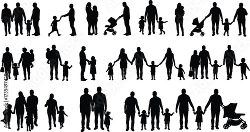 Family silhouette illustration, parents with children vector, father mother kids together, happy family outline, parenting concept design, black silhouette people