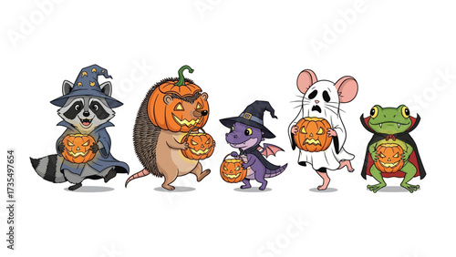 Halloween Costume Crew: A delightful assortment of friendly creatures in adorable costumes, embracing the spirit of Halloween.