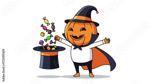 Halloween Pumpkin Magician's Hat: A whimsical pumpkin character, dressed as a magician, conjures colorful sweets from his magical top hat, embodying the playful essence of Halloween.