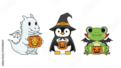 Spooky Halloween Creatures: A whimsical and captivating Halloween scene featuring a trio of charming characters, each holding a Jack-o'-lantern, ready to cast a spell of delight. 