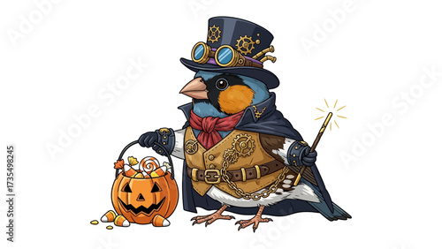 Steampunk Bird at Halloween: A charming steampunk-themed bird in a whimsical Halloween setting, dressed in a stylish ensemble with goggles, a top hat, a cape, and a pumpkin-shaped treat bag.