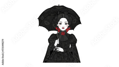 Lady with Umbrella: A digitally crafted illustration of a woman in vintage attire, holding a decorative black umbrella with elegance and mystery, showcasing timeless fashion and artistic allure.