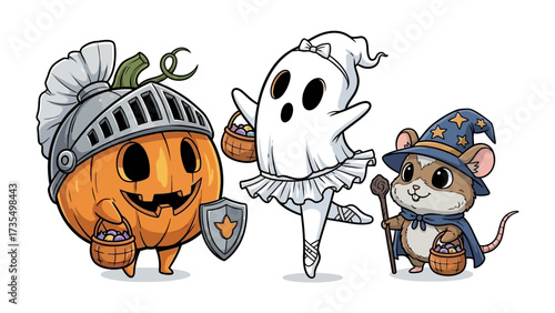 Spooky Trio Halloween: Adorable cartoon characters embody the spirit of Halloween, with a pumpkin knight, a ballet-dancing ghost, and a wizardly mouse. Featuring a whimsical.