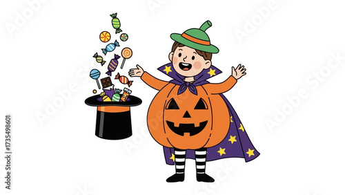 Halloween magic: A joyful child in a pumpkin costume conjures up candy, ready for the holiday!