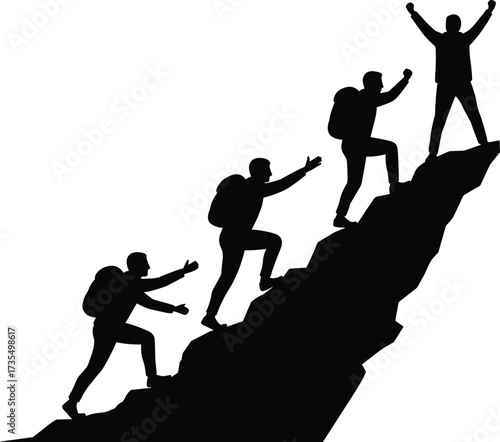 Teamwork mountain climbing silhouette, hikers helping each other, success achievement concept, group hiking illustration, outdoor adventure challenge, leadership victory teamwork