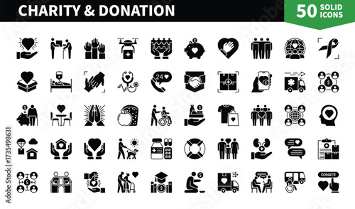 Set of 50 solid icons related to Charity. Containing charity drive, sharing, savings, social, collaboration, kindness, love, friendship and more. Pictograms for web, mobile app and infographics