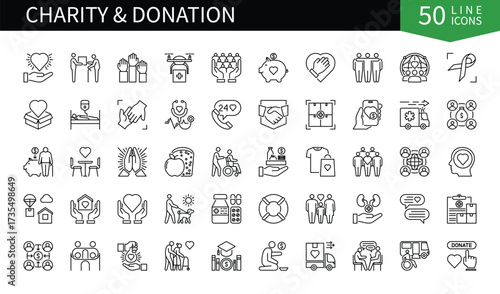 Set of 50 line icons related to Charity. Containing wheelchair accessible vehicle, alms, fund, giving, support, volunteer, contribution and more. Pictograms for web, mobile app and infographics