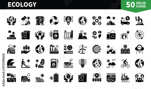 Set of 50 solid icons related to Ecology. Containing garbage, climate, alternative, planet, sustainability, renewable energy, wind power, pollution and more. Pictograms for web, mobile app and infogra