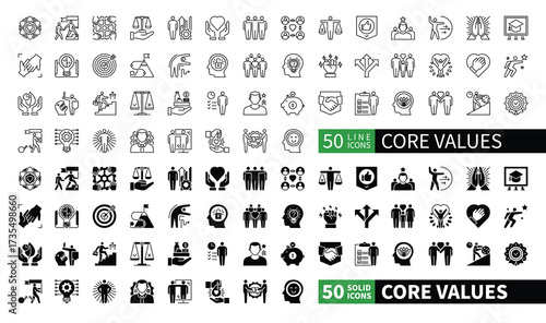Set of 100 solid and line icons related to Core Values. Containing skill, responsibility, trust, simplicity, collaboration, discipline, accuracy, dependability and more. Pictograms for web, mobile app