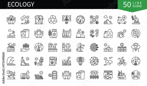 Set of 50 line icons related to Ecology. Containing nature, innovation, technology, planet earth, protection, care, bio, biotechnology and more. Pictograms for web, mobile app and infographics