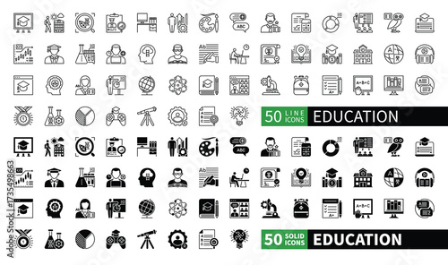 Set of 100 solid and line icons related to Education. Containing people, webinar, notebook, children, science, exam, brain, academic, teaching and more. Pictograms for web, mobile app and infographics