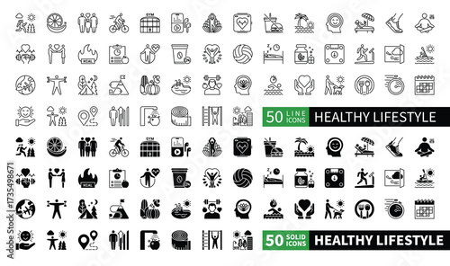 Set of 100 solid and line icons related to Healthy Lifestyle. Containing wellness, recreation, positive thinking, fitness, traveling, yoga and more. Pictograms for web, mobile app and infographics
