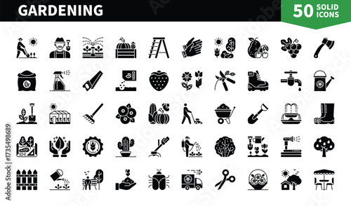 Set of 50 solid icons related to Gardening. Containing dacha, shrub, bug, horticulture, design, gardener, horticulturist, pest control, hatchet, strawberries, shrub, fertilizer and more. Pictograms fo