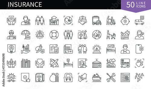 Set of 50 line icons related to Insurance. Containing safety, protection, car, security, disability, finance, shield, life and more. Pictograms for web, mobile app and infographics