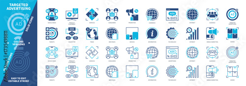 Targeted Advertising icon set. Audience, Promotion, Product Placement, Internet, Mobile Marketing, Interest, Commerce, Web Pages. Duotone color solid and editable outline icons