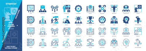 Strategy icon set. Targets, Leadership, Plan, Motivation, General, Achievement, Opportunities, Idea. Duotone color solid and editable outline icons