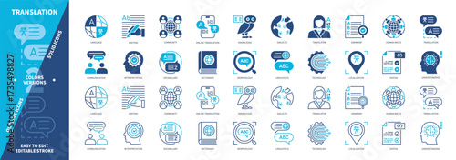 Translation icon set. Language Skills, Localization, Communication, Online Translation, Interpretation, Knowledge, Grammar, Dictionary. Duotone color solid and editable outline icons