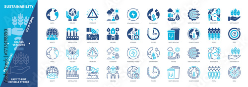 Sustainability icon set. Earth, Welfare, Biodiversity, Climate Change, Renewable Energy, Pollution, Economy, Environment. Duotone color solid and editable outline icons