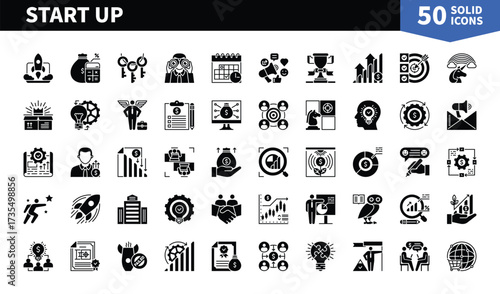 Set of 50 solid icons related to Start Up. Containing cooperation, development, marketing, teamwork, discussion, finance, brain, aim and more. Pictograms for web, mobile app and infographics