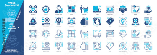 Value (Economics) icon set. Manufacturing, Customers, Goods, Marketing Strategy, Service, Quality, Innovation, Consumer. Duotone color solid and editable outline icons