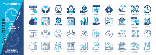 Time is Money icon set. Planning, Savings, Time Management, Banking, Pay per Click, Investment, Finance, Revenue. Duotone color solid and editable outline icons