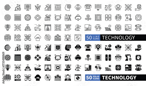 Set of 100 solid and line icons related to Technology. Containing innovation, artificial intelligence, data mining, smart home, chip, blockchain and more. Pictograms for web, mobile app and infographi