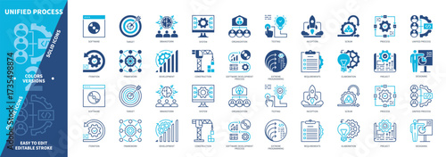 Unified Process icon set. Software, Inception, Framework, Elaboration, Requirements, Construction, Project, Transition. Duotone color solid and editable outline icons