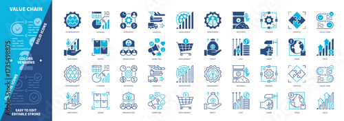 Value Chain icon set. Service, Investment, Operations, Logistics, Marketing, Development, HR Management, Procurement. Duotone color solid and editable outline icons
