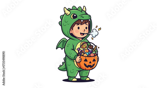 A Dragon's Delight: A charming child, donned in an adorable dragon costume, stands, radiating the spirit of Halloween with a pumpkin bucket overflowing with delightful treats. 