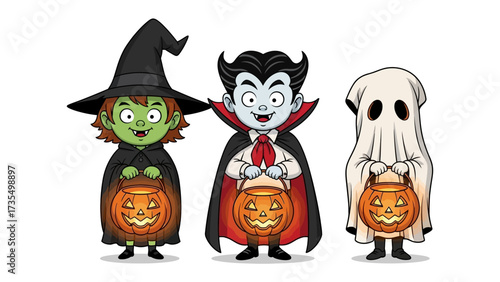 Spooky Ensemble: Three friendly, cartoonish figures in Halloween costumes, each holding a jack-o'-lantern bucket, creating a whimsical scene
