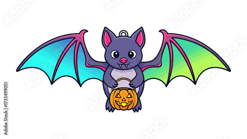 Cartoon Bat with Pumpkin: A cheerful cartoon bat with vibrant wings cheerfully holds a pumpkin lantern, perfectly encapsulating the joy of Halloween. 