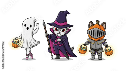 Halloween Costumes: A whimsical trio of Halloween characters, a ghost, a cat wizard, and a pumpkin knight, are ready to bring spooky cheer.
