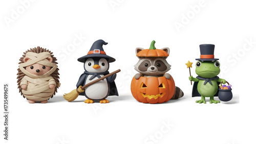 Halloween Animal Characters Parade: A charming quartet of meticulously designed, cute animal figures donned in delightful Halloween costumes stand proudly, ready for the spooky festivities ahead. 