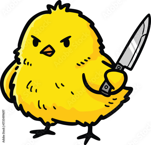 A cartoon chick wielding a knife with a determined expression, a humorous and edgy illustration with a touch of unexpected danger