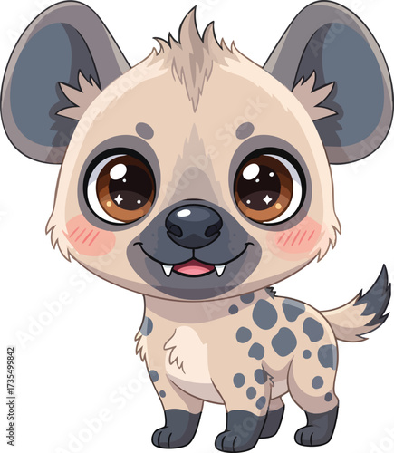 A charming cartoon hyena with big eyes and a sweet smile, this adorable illustration is perfect for childrens books, animal themes, or cute character designs