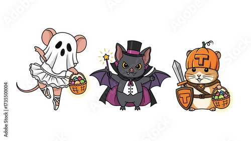 Halloween Animal Characters in Costumes: A delightful trio of animated creatures dressed in whimsical costumes, a charming ghost mouse, a regal vampire bat, and a valiant pumpkin warrior.