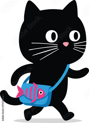 A charming black cat strolls along, sporting a stylish blue bag adorned with a delightful fish design, this whimsical illustration captures the essence of feline fashion