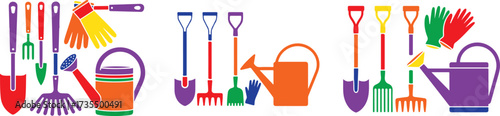 Colorful garden tools and watering cans gardening tools