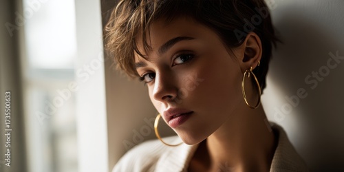 Stylish young woman with short hair wearing elegant gold hoop earrings