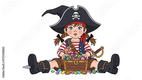Kid Pirate's Treasure: A charming cartoon depiction of a young pirate, filled with wonder, surrounded by treasures, showcasing a sense of adventure and playfulness.