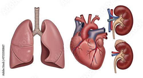 Illustration showing human lungs, heart, and kidneys, depicting internal organs and their anatomical structure.