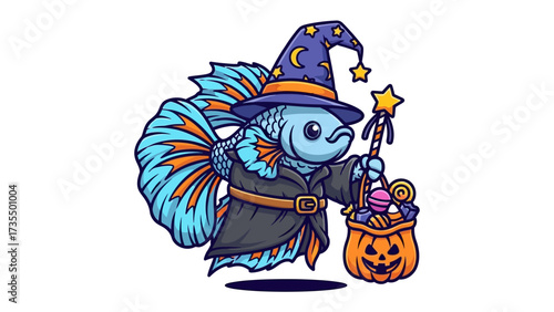 A Fish Wizard's Spooky Halloween: A charming fish character, adorned in a wizard's attire, stands prepared for Halloween, complete with a pumpkin-shaped treat bag, and a magical wand.