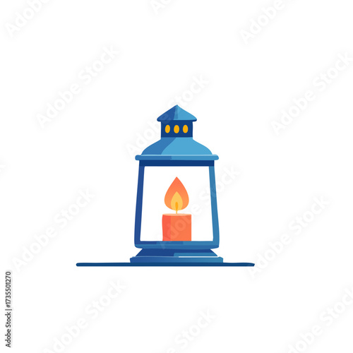A blue lantern with a lit candle inside, casting a warm glow, set against a white background.