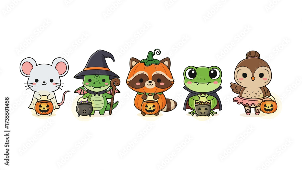 Obraz premium Cute Halloween Animals in Costume: A delightful group of cartoon animals, dressed in whimsical Halloween costumes like a witch, pumpkin, and ballerina, carrying treat buckets.