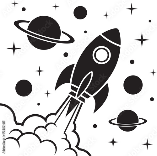Illustration of a rocket ship blasting off into space with planets and stars, perfect for space themed designs, childrens books, and educational materials